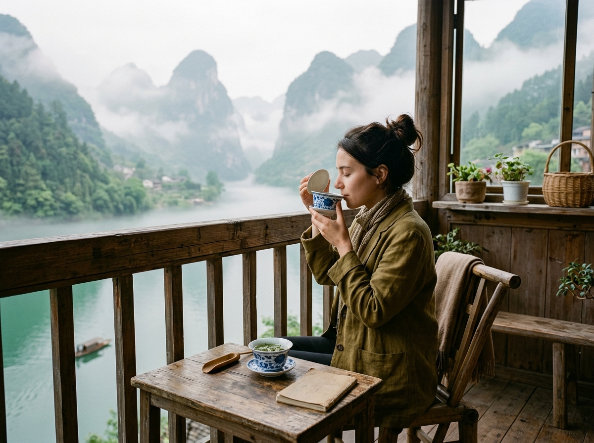 江畔木楼品茶与慢行时光