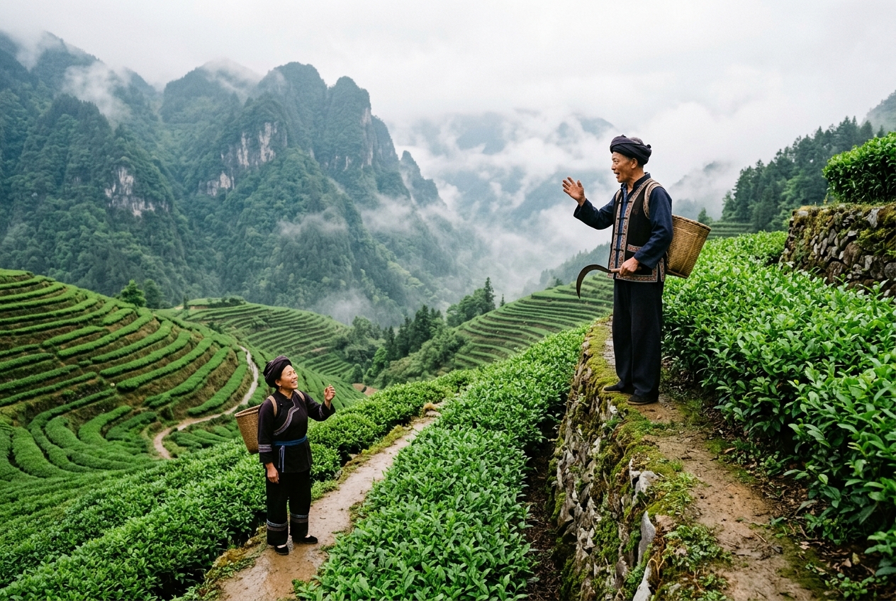 隔着茶山坡地一问一答即兴对唱与唱和