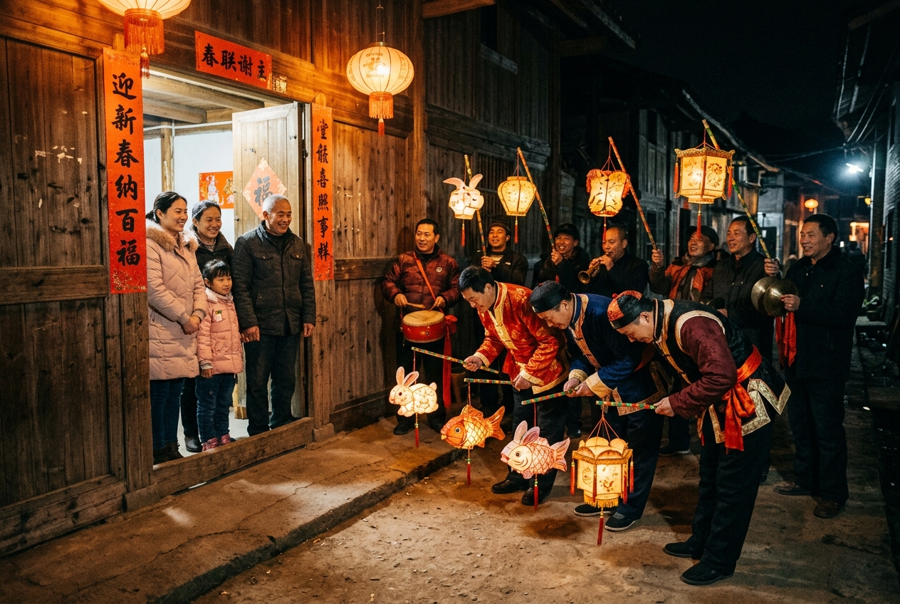 在主家门前收灯致谢并送上新春吉祥祝福