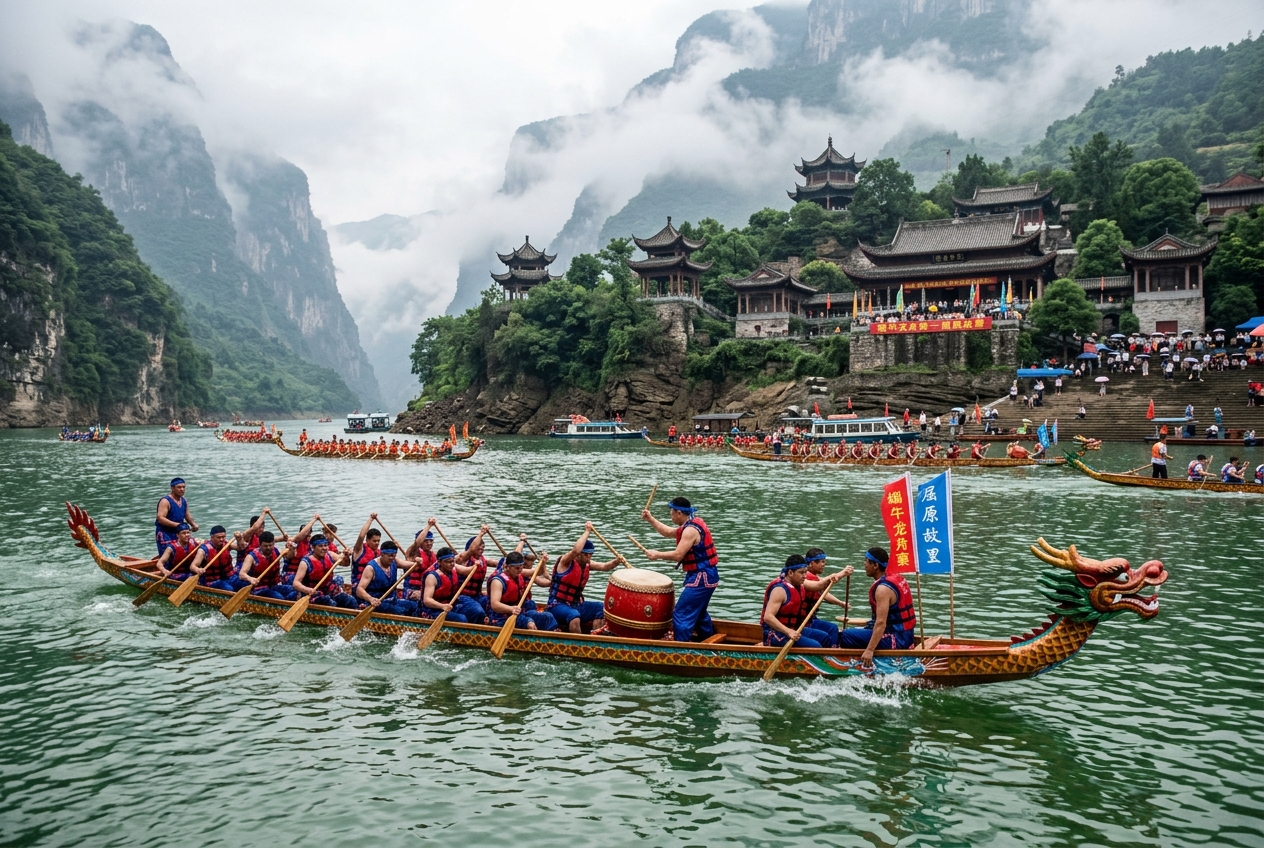 秭归峡江屈原祠前端午龙舟竞渡盛景