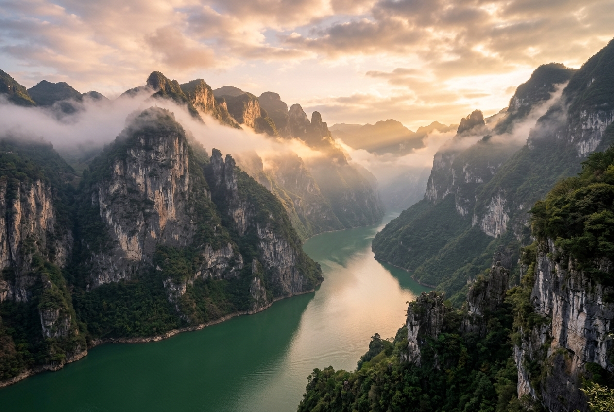 三峡晨曦峡谷云海与碧绿江面全景